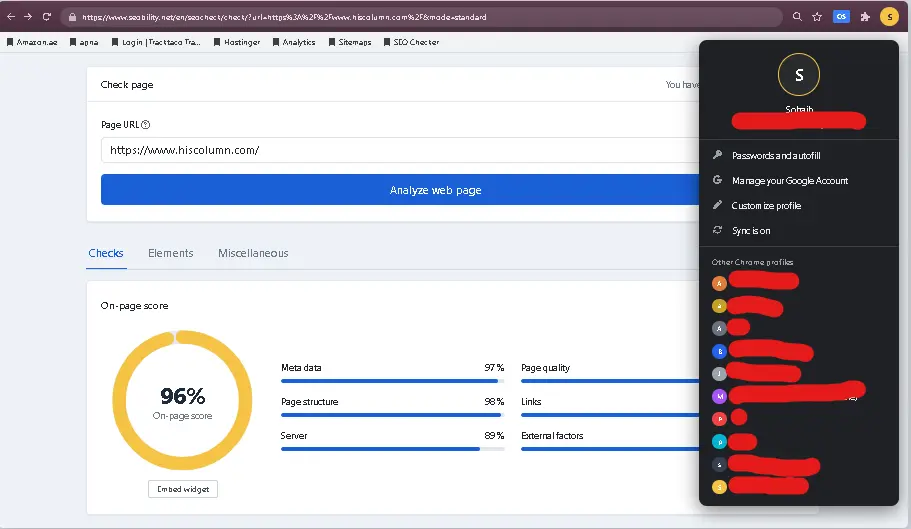 HisColumn.com WooCommerce site on-page SEO score after optimization, 96 percent