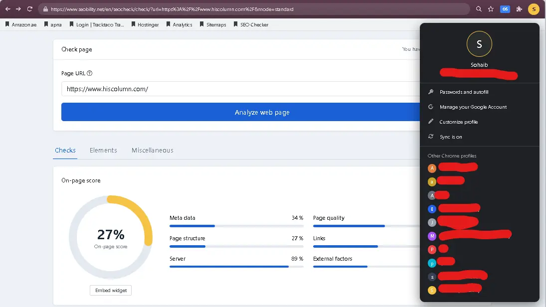 HisColumn.com WooCommerce site on-page SEO score before optimization, 27 percent