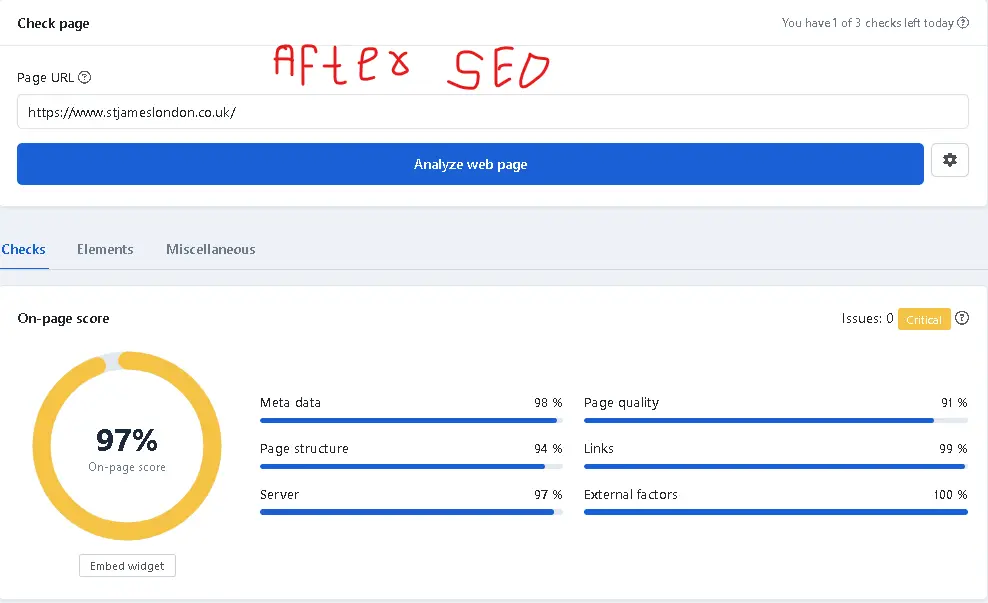 UK-based business website SEO score after optimization, 97 percent