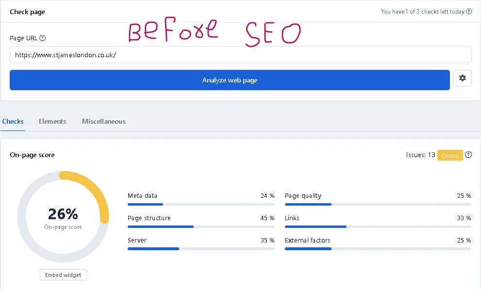 UK-based business website SEO score before optimization, 26 percent